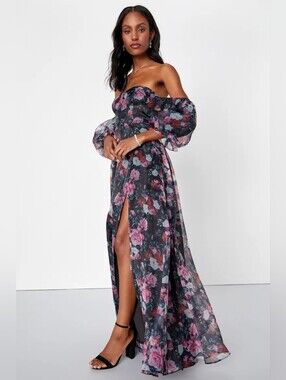 Lulus True Elegance Black Floral Off The Shoulder Gown Size XL NWT